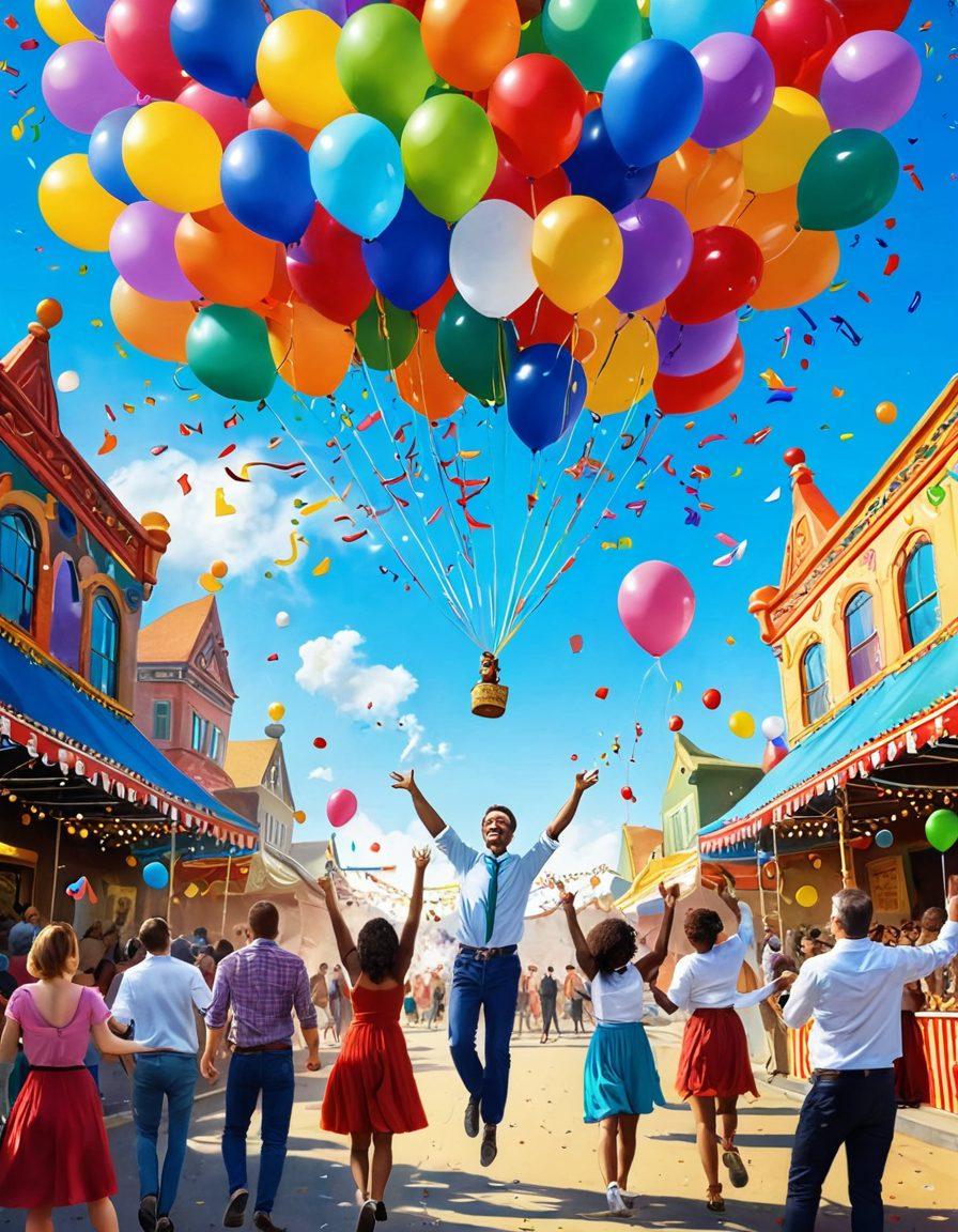 A whimsical scene depicting adults joyfully engaging in playful activities, surrounded by vibrant colors and lighthearted elements such as balloons, confetti, and playful animals. The backdrop features a colorful carnival or festival atmosphere, with people laughing, dancing, and indulging in joyful moments. Incorporate elements that symbolize freedom and creativity, such as paint splashes and whimsical props. super-realistic. vibrant colors. cheerful atmosphere.