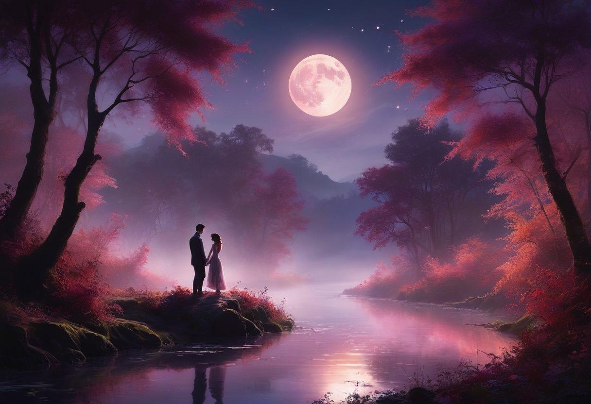 A dreamy, ethereal landscape blending elements of fantasy and reality, featuring a soft, flowing river of silk intertwined with hints of luscious greenery. Silhouettes of couples exploring sensuality and kink, adorned with delicate lace and feathers, create an inviting atmosphere. Wisps of mist curl around twinkling lights and a shimmering moon, evoking a sense of bliss and exploration. Soft pastel colors with bursts of deep reds and purples for a touch of vibrancy. super-realistic. magical realism. vibrant colors. ethereal glow.