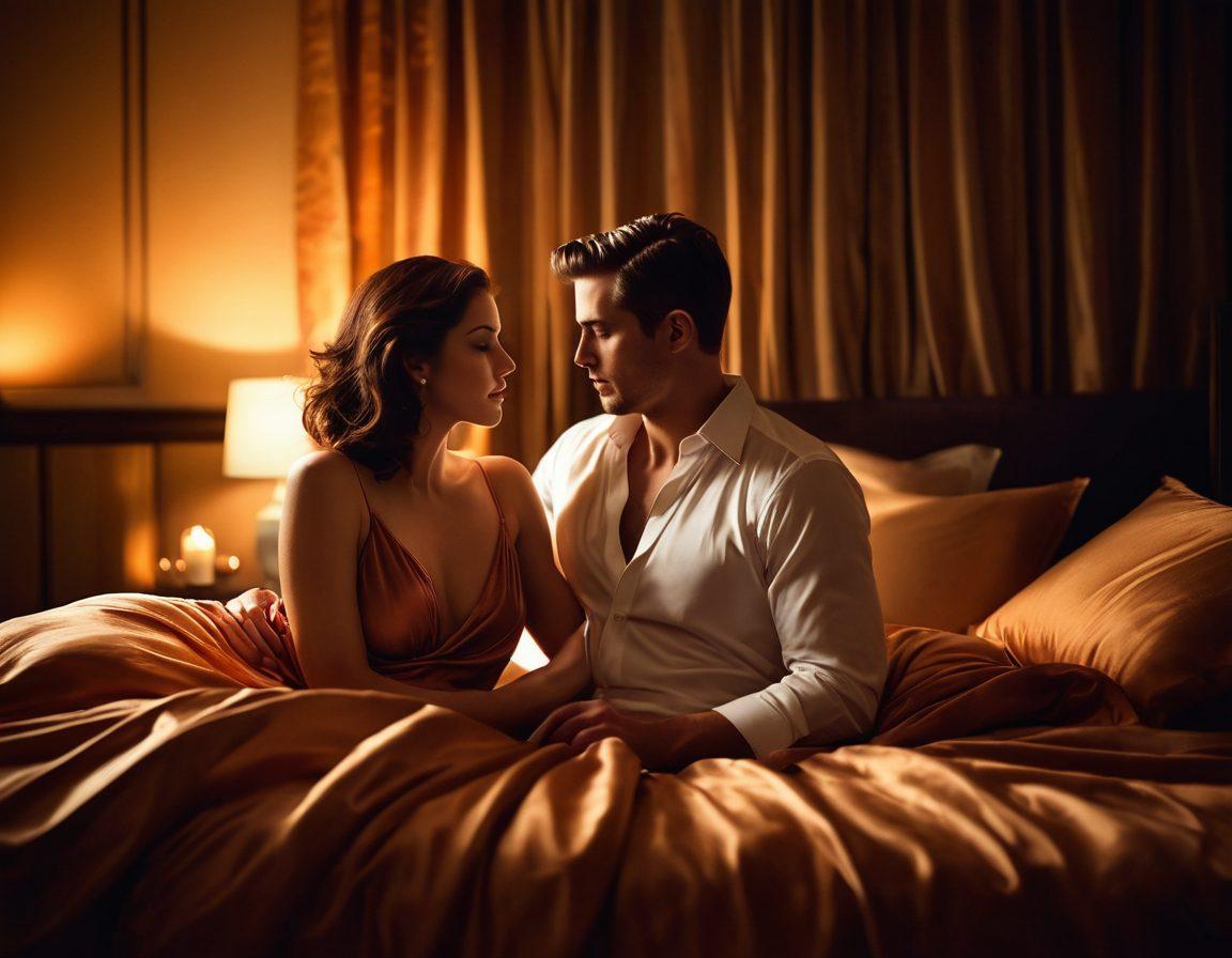 A sensual, intimate scene of a couple sharing a romantic evening, surrounded by dim candlelight and soft fabrics. The atmosphere should convey warmth and passion, featuring subtle erotic hints like silk sheets, playful shadows, and soft-focus elements to enhance intimacy. Include vibrant colors and a touch of mystery to evoke a sense of exploration and connection. elegant aesthetics. soft focus. vibrant colors. warm tones.